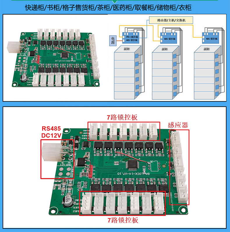 智能電子柜14路鎖控板電子鎖狀態(tài)檢測(cè)三路物體感應(yīng)物聯(lián)工業(yè)PCBA方案485串口通訊定制開發(fā)軟件APP